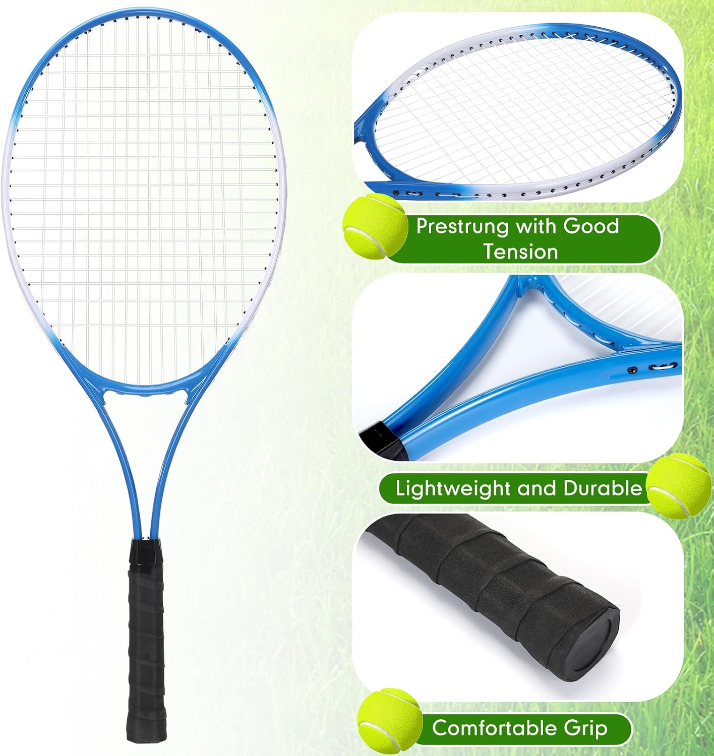 4 Pack Tennis Rackets for Adults Recreational 4 Players Pre Strung 27 Inch Tennis Racquets Lightweight Rackets Bulk with Balls Overgrips for Training