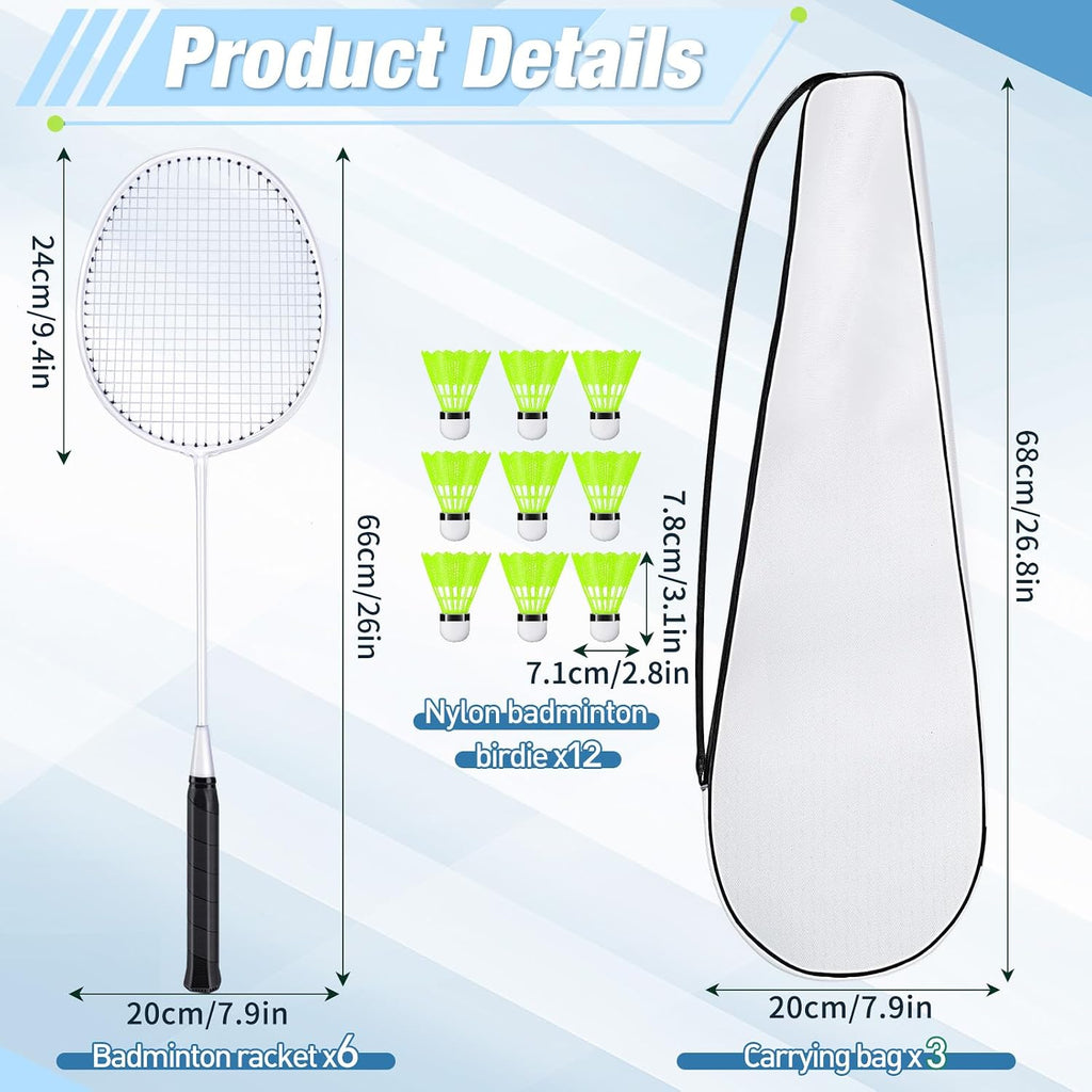 6 Packs Badminton Rackets Set Include 6 Lightweight Rackets 12 Nylon Plastic Shuttlecocks 3 Carrying Bags for Summer Outdoor Backyard Games Sports Beginners Adults