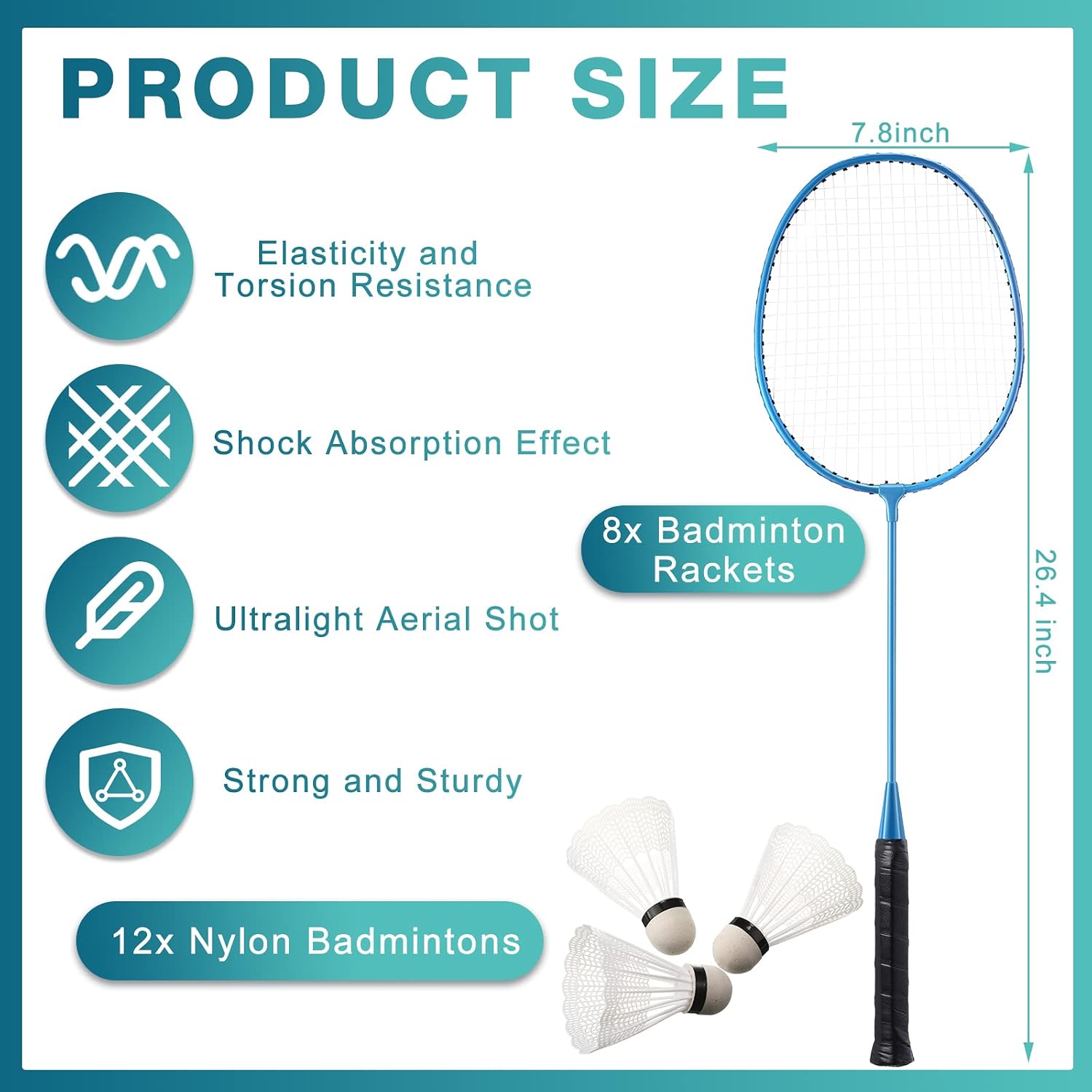 8 Packs Badminton Rackets Set with 12 Badminton Racquets for Adult Backyard Gym Beach Outdoor