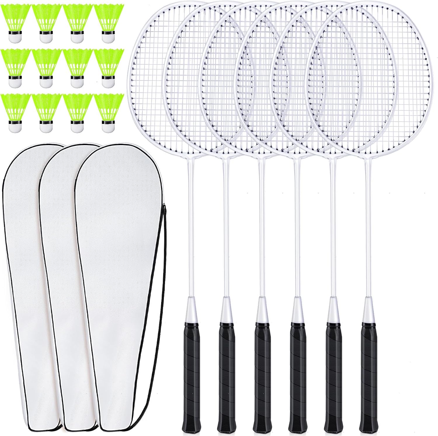6 Packs Badminton Rackets Set Include 6 Lightweight Rackets 12 Nylon Plastic Shuttlecocks 3 Carrying Bags for Summer Outdoor Backyard Games Sports Beginners Adults